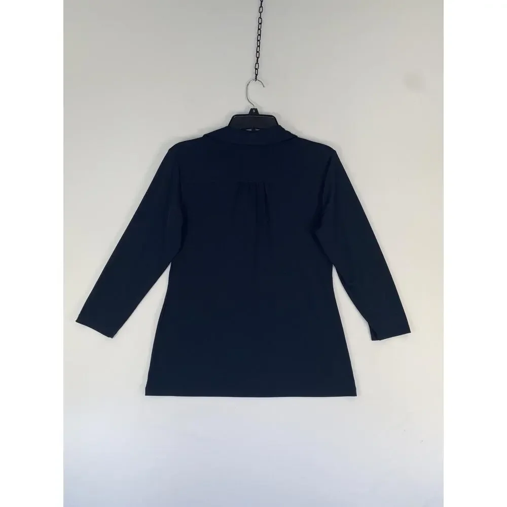 Carmen Marc Valvo Shirt Womens Medium Blue Collared 3/4 Sleeve Polo Tunic Top - Picture 2 of 5